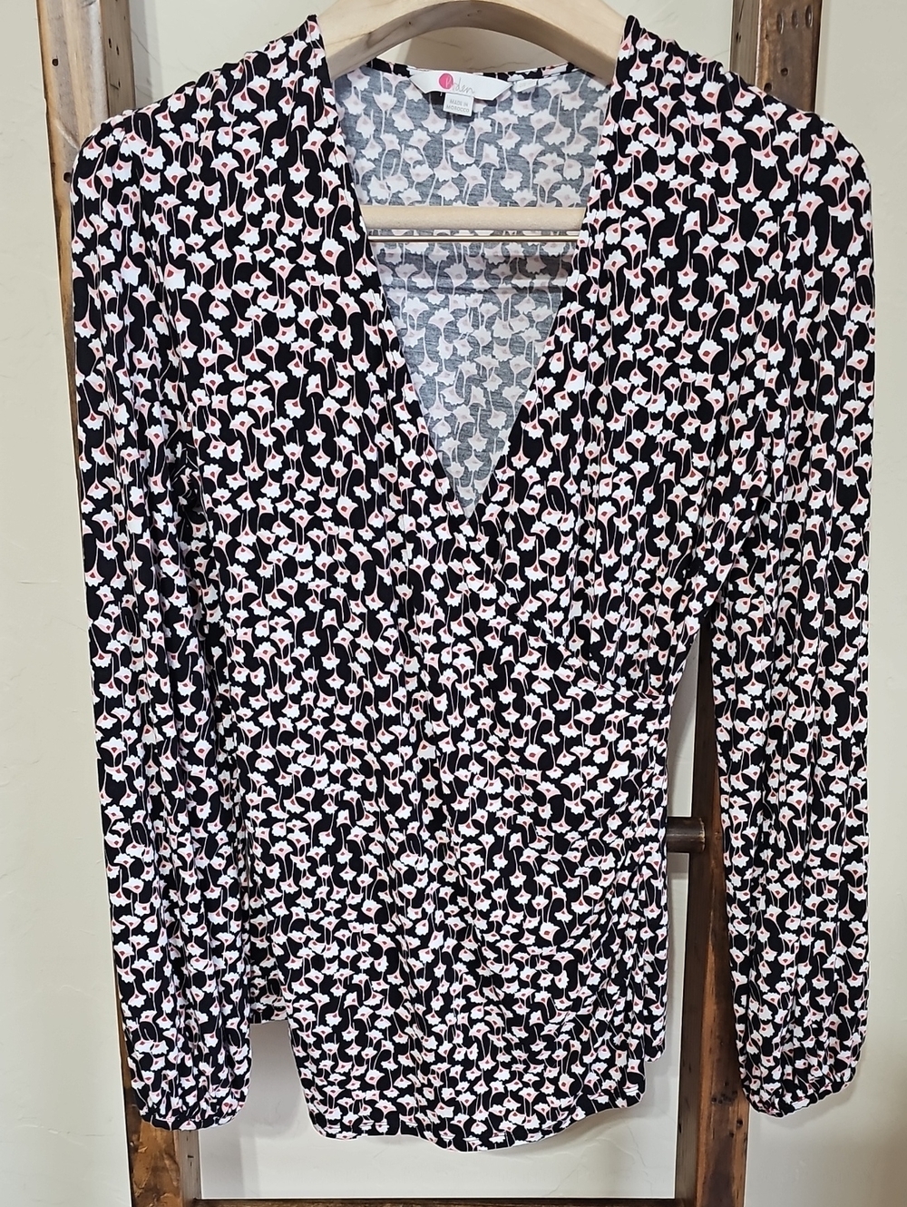 Boden Black & Pink Floral Wrap-Style Long Sleeve Top